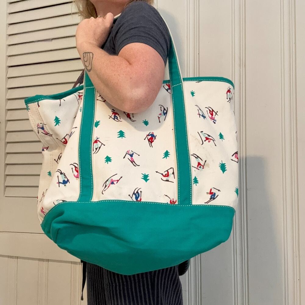 Lands End Skiing Tote Bag Ivory Cotton Heavy Duty Canvas Skiers Trees
